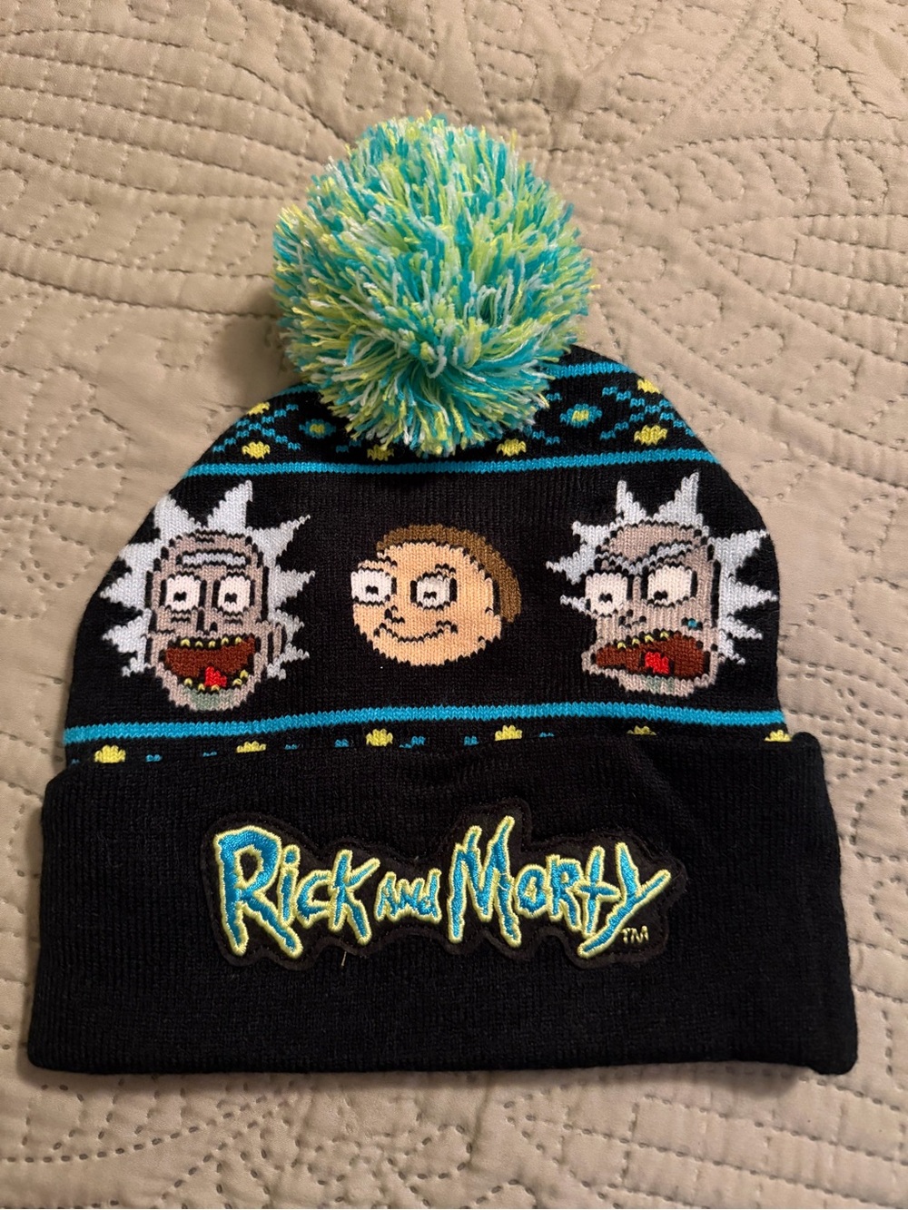 Rick and Morty Bioworld Black Knit Beanie with Multicolor Pom